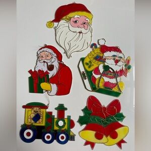 Vintage Christmas window hanging decoration signs Santa Snowman x 5 on string